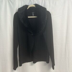 Alfani 100% Merino Wool Black Knit Jacket W/ Classic Faux Fur Collar Large